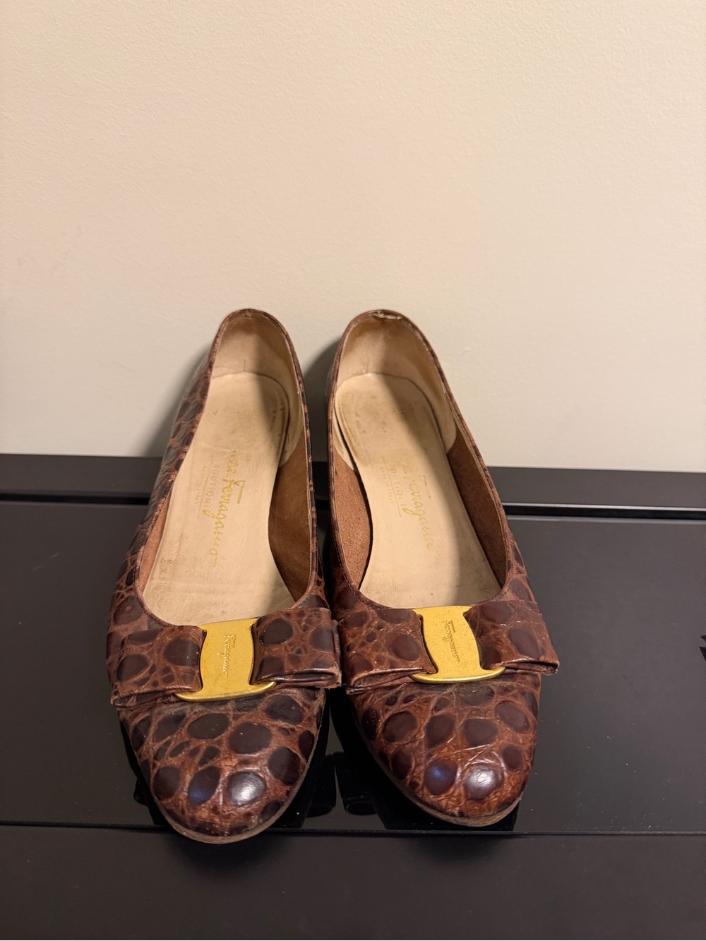 Salvatore Ferragamo Brown Croc-Embossed Leather Short Heels with Gold Buckle